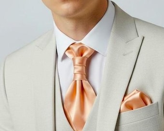 Pre-tied satin ascot tie & pocket square set Marshmallows wedding cravat Peach short mens necktie