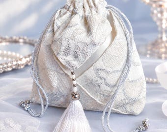 Bridal lace drawstring bag Wedding money pouch Silver white keepsake bag