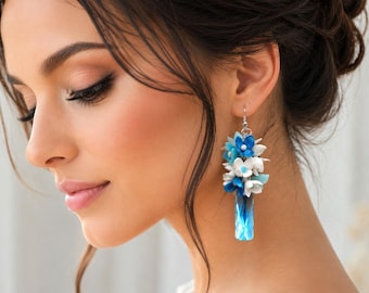 Something Blue Bridal Earrings Swarovski Crystal Dangles Cold Porcelain Flower earrings