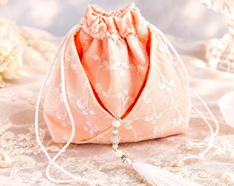 Lace drawstring bag Bridal money pouch Peach wedding dance bag