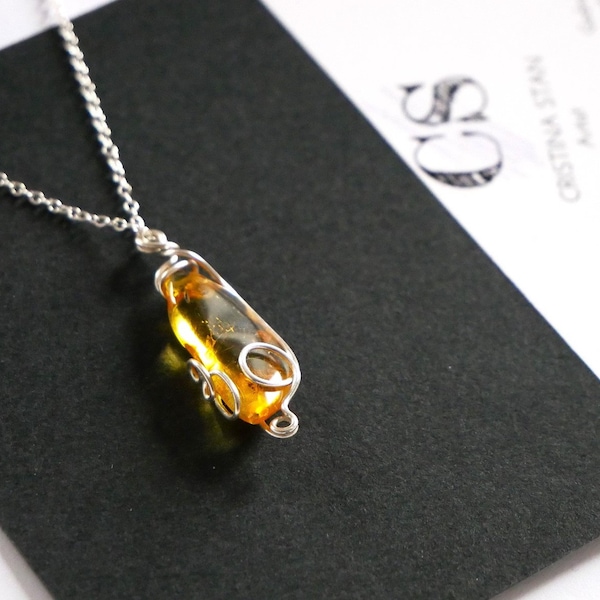 Amber Necklace, Wire Wrapped Amber Pendant, Handmade Baltic Amber Necklace, Golden Colour Crystals Jewellery, Genuine Amber Gift for Her