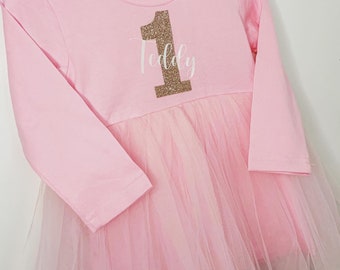 First, second, birthday personalised party tutu dress, glitter, pink, white