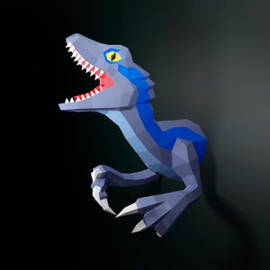 Papercraft Velociraptor Blue, dinosaur, DIY, PDF template, Jurassic world, DXF, Svg Low Poly, origami, Pepakura, Paper Model, 3D