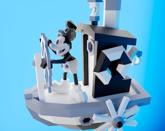 Papercraft mickey steamboat, DIY PDF, DXF and svg, Low Poly, origami, Pepakura, Paper Model, 3D