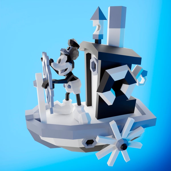 Papercraft mickey steamboat, DIY PDF, DXF and svg, Low Poly, origami, Pepakura, Paper Model, 3D
