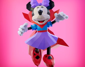 Modello di carta per Halloween di Minnie, PDF fai da te, FDX, Svg Low Poly, topo, origami del giorno dei morti, Pepakura, modello di carta, 3D,