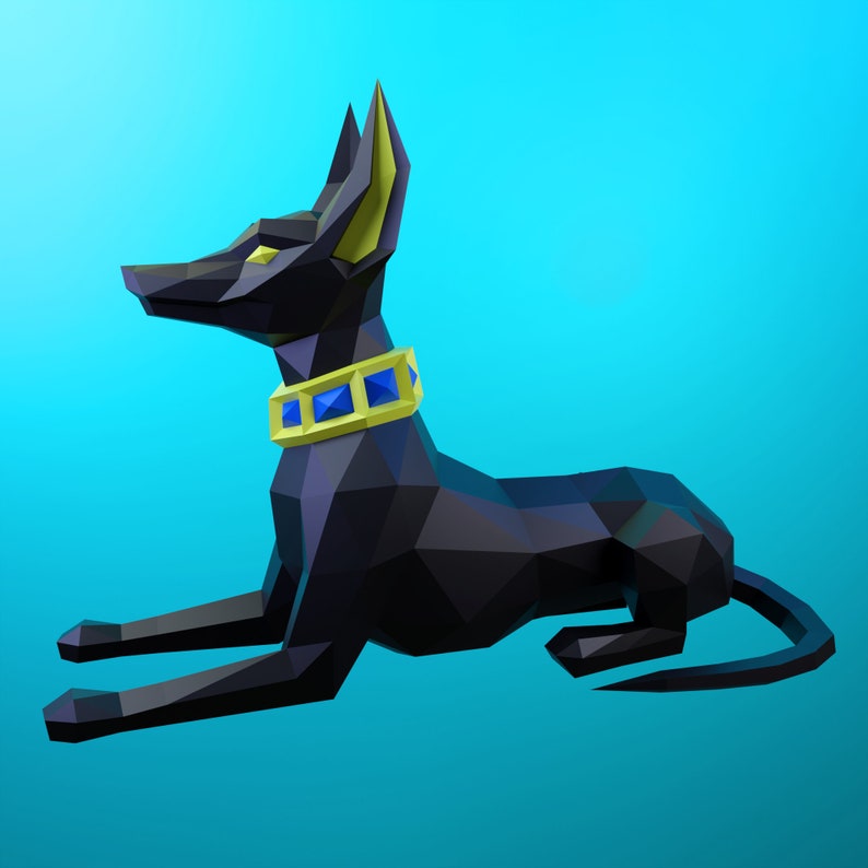 K&ouml;nnte beinhalten: Eine schwarze, niedrig-polygonal, stilisierte Anubis-Statue mit einem goldenen Halsband und blauen Edelsteinen. Die Statue liegt mit dem Kopf zur Seite gedreht.
