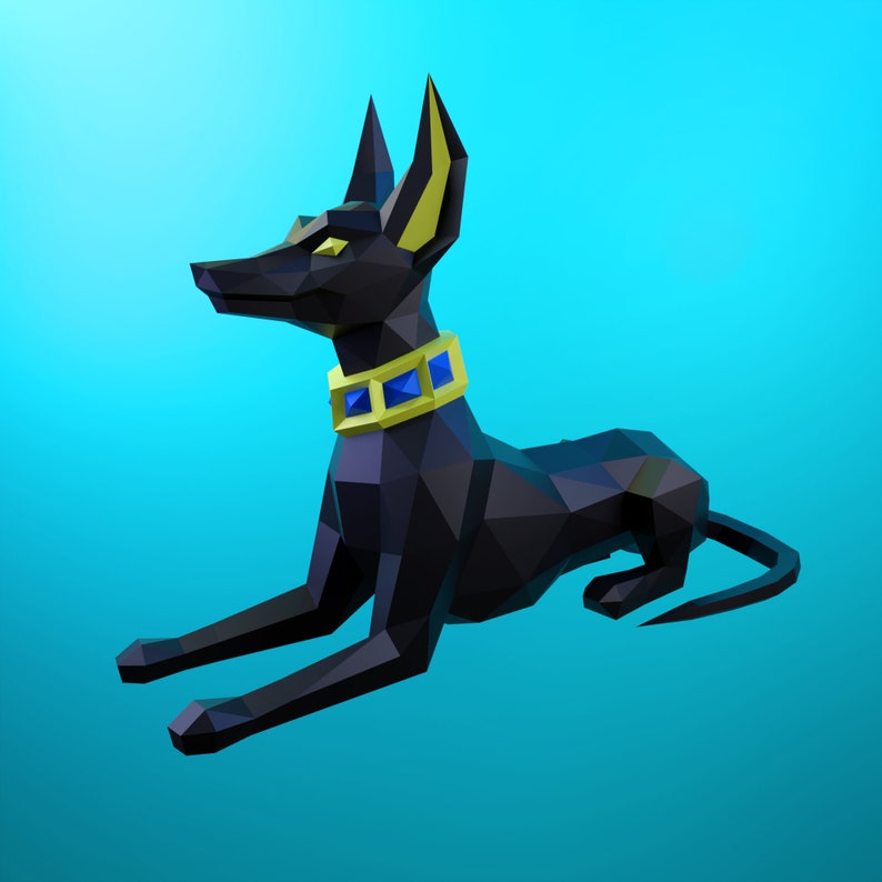 K&ouml;nnte beinhalten: Eine schwarze, niedrig-polygonal, stilisierte Anubis-Statue mit gelben Ohren und einem goldenen Halsband mit blauen Edelsteinen. Die Statue liegt mit dem Kopf zur Seite gedreht.