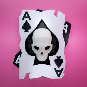 Papercraft playing card of hearts, naipe de corazones, craneo, skull, DIY PDF, FDX, Low Poly,  origami, Pepakura, Paper Model, 3D