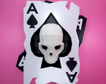 Papercraft playing card of hearts, naipe de corazón, cranio, skull, DIY PDF, FDX, Low Poly, origami, Pepakura, Paper Model, 3D