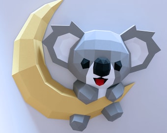 koala sulla luna in carta, formato PDF, SVG, DXF compatibile con cricut e cameo, modello digitale, 3D, carta, origami, koala sulla luna