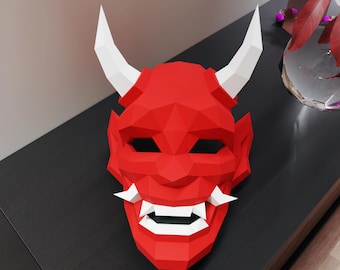 Modello di carta per maschera Hannya, formato PDF, SVG e DXF compatibile con cricut e cameo modello digitale 3D carta origami pepakura