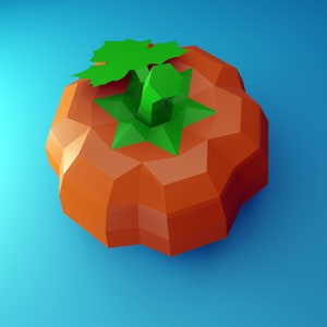 Peut inclure: Une citrouille orange de style low-poly avec une tige et des feuilles vertes. La citrouille est rendue dans un style 3D et a un fond bleu.