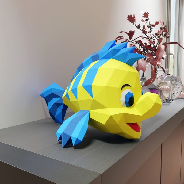 Gabarits Papercraft Flounder au format numérique Pdf, Dxf et Svg, petite sirène, Décoration, Low Poly, origami, kit PDF, petite sirène