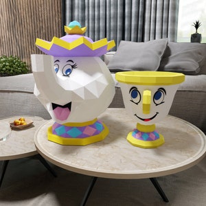 Papercraft chip e mrs Potts, modelli in formato digitale Pdf, Dxf e Svg, La bella e la bestia, Decorazione, Low Poly, origami, tazza teiera