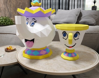 Papercraft chip e mrs Bric, modelli in formato digitale Pdf, Dxf e Svg, La bella e la bestia, Decorazione, Low Poly, origami, teiera e tazza