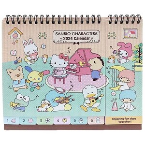 May include: A 2024 calendar featuring Sanrio characters. The calendar has a wooden cover with a light brown background. The characters are playing musical instruments and are surrounded by musical notes. The calendar has six months, each with a different character. The text "SANRIO CHARACTERS 2024 Calendar" is at the top of the calendar.