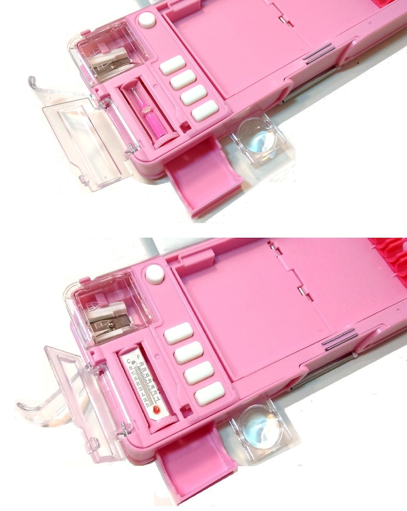 May include: Pink pencil case with a built-in sharpener, ruler, and magnifying glass. The case has a clear plastic lid and a compartment for pencils.