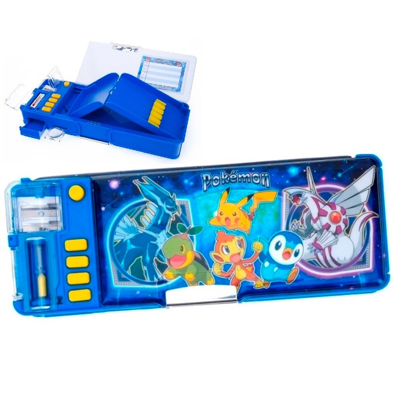 May include: Blue pencil case with a Pokemon theme. The case features a clear plastic window, a built-in sharpener, and a space for pencils and other supplies. The case has a blue background with images of Pikachu, Eevee, and other Pokemon characters.
