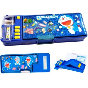 May include: A blue plastic pencil case with a Doraemon character design. The case has a built-in sharpener and a compartment for pencils and other school supplies. The case is open to reveal the interior compartments.
