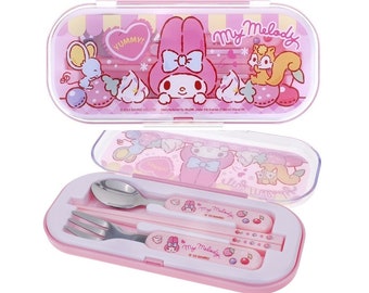 Kawaii Melody Bunny Cutlery Set Stainless Steel Spoon Fork Plastic Chopsticks Portable Flatware Kids