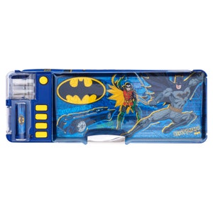 May include: Blue plastic pencil case featuring Batman and Robin characters, a Batmobile, and the text "BATMAN".