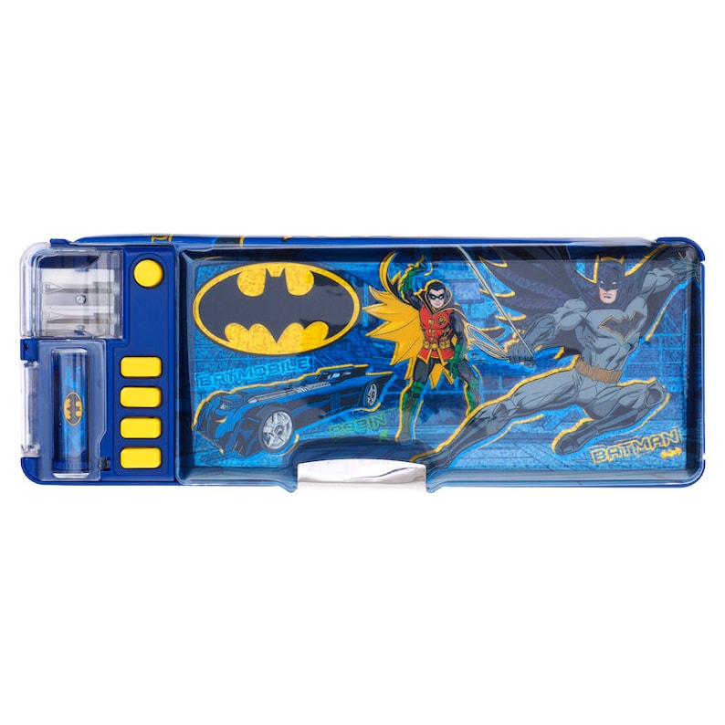 May include: Blue plastic pencil case featuring Batman and Robin characters, a Batmobile, and the text "BATMAN".