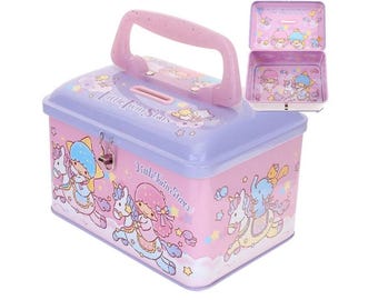 Kawaii Twin Stars Coin Bank Small Items Storage Box Tin with Lock & Movable Handle