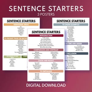 SENTENCE STARTERS - set of 3 posters, Writing an Essay, Homeschool, English Classroom, Digital Download