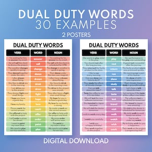 DUAL DUTY WORDS - Verbs and Nouns - Set of 2 Posters, English Vocabulary Chart, Classroom Wall Decor, Educational Posters, Digital Download