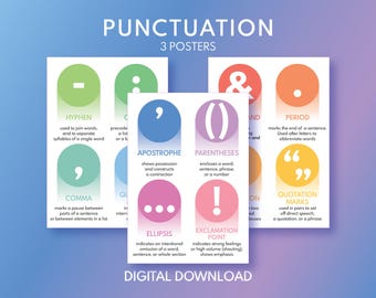 Puede incluir: Tres carteles educativos sobre puntuación, con una variedad de símbolos como comas, apóstrofes y comillas. Cada cartel tiene un esquema de color diferente, con texto que explica el uso de cada signo de puntuación. También son visibles las palabras "PUNTUACIÓN" y "DESCARGA DIGITAL".