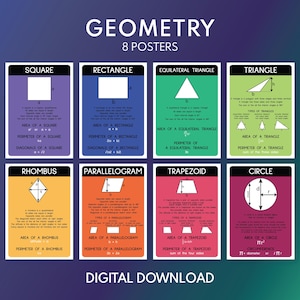 GEOMETRY SHAPES CHARTS für Kinder - Set mit 8 Postern, Geometrie Lernposter, Mathe, Klassenzimmer Wandkunst, druckbar, digitaler Download