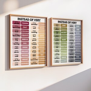 May include: Two framed wall art pieces with the text "INSTEAD OF VERY" and lists of alternative words. The first frame has a white background with pink, red, and orange text boxes. The second frame has a white background with green, brown, and blue text boxes.