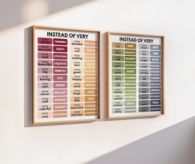 May include: Two framed wall art pieces with the text "INSTEAD OF VERY" and lists of alternative words. The first frame has a white background with pink, red, and orange text boxes. The second frame has a white background with green, brown, and blue text boxes.