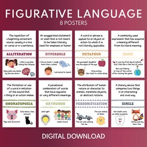 FIGURATIVE LANGUAGE - Set of 8 Posters, English Language, Classroom Posters, Homeschool, Educational posters, printable, digital download