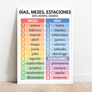 Spanish language, DAYS MONTHS SEASONS in Spanish, Quick Reference Cheat Sheet, Spanish Classroom Decor, Educational Poster, Digital Download