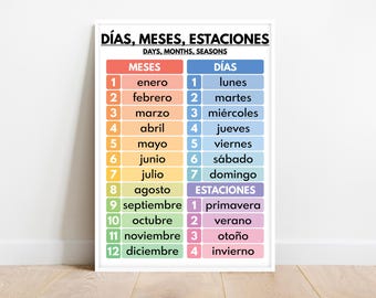 Spanish language, DAYS MONTHS SEASONS in Spanish, Quick Reference Cheat Sheet, Spanish Classroom Decor, Educational Poster, Digital Download
