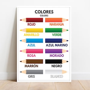 COLOR NAMES for kids, Spanish language, Educational poster, Learn colors, Montessori, Classroom Poster, Printable, Print, digital download