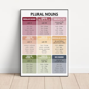 PLURAL NOUNS POSTER, Grammar Rules Chart for Homeschool, Classroom Wall Decor, Parts of Speech, Educational Poster, Digital Download