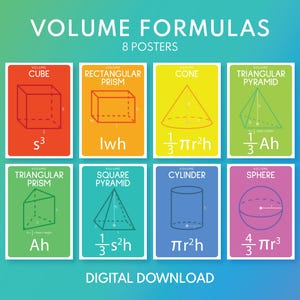 VOLUME FORMULAS set of 8 posters, 3D Geometry, 3D Shapes, Educational poster, Classroom Wall Art Poster, printable, digital download