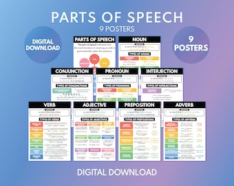 PARTS OF SPEECH - Set of 9 posters, English Language, Grammar Anchor Chart, Classroom Decor Ideas , Educational Posters, Digital Download