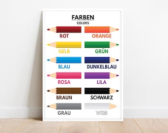 COLOR NAMES for kids, German language, Colors in German, Educational posters, Learn colors, Classroom Poster, Printable, digital download