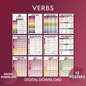 Peut inclure: Ensemble de 12 affiches éducatives sur les verbes, présentant différents types, temps et collocations. Les affiches ont un fond blanc avec du texte et des graphiques colorés. Les mots "VERBS" et "TÉLÉCHARGEMENT NUMÉRIQUE" sont visibles.