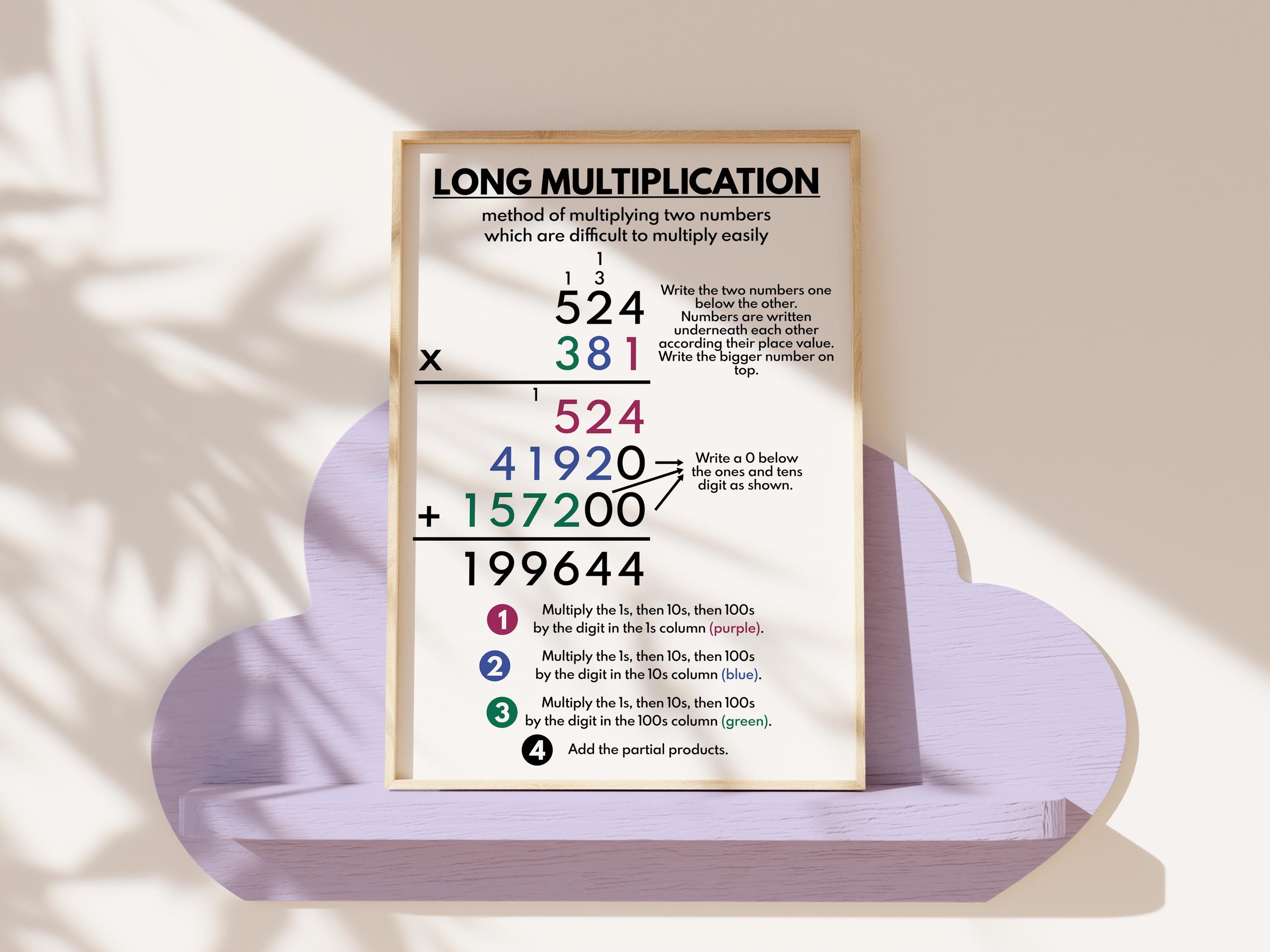 LONG MULTIPLICATION Poster, Educational Poster for Kids, Rainbow Colors ...