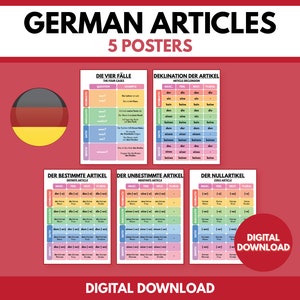 Langue allemande, déclinaison d'articles et les cas à quatre pattes, tableau de grammaire, salle de classe d'allemand, affiches éducatives, imprimable, téléchargement numérique