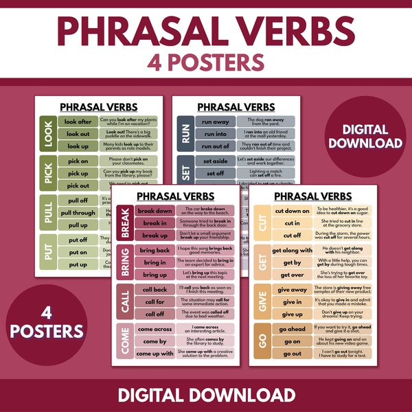 PHRASAL VERBS - Set of 4 Posters, Learn English Vocabulary, Grammar Chart, Homeschool, Classroom Educational Poster, Digital Download