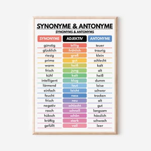 Deutsche Sprache, SYNONYME & ANTONYME POSTER, Vokabeltabelle, Hausschule, Klassenzimmer Dekor, Lernposter, bedruckbar, digitaler Download