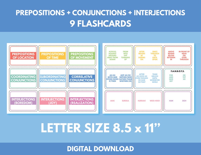 Puede incluir: Nueve tarjetas de memoria coloridas con diferentes categor&iacute;as de t&eacute;rminos gramaticales, incluyendo preposiciones, conjunciones e interjecciones. Las tarjetas de memoria est&aacute;n dispuestas en una cuadr&iacute;cula de 3x3 y est&aacute;n etiquetadas con el nombre de la categor&iacute;a y ejemplos. El texto "9 FLASHCARDS" est&aacute; en la parte superior de la imagen, y el texto "LETTER SIZE 8.5 x 11" est&aacute; en la parte inferior de la imagen.