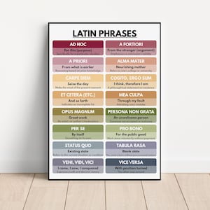 LATIN PHRASES POSTER, Vocabulary, Pastel Color Scheme, Chart for Homeschool, English Classroom Poster, Educational Poster, Digital Download