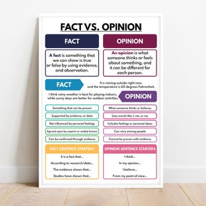 FACT vs. OPINION POSTER, Clear Understanding, Critical Thinking, Homeschool, English Classroom Poster, Educational Poster, Digital Download